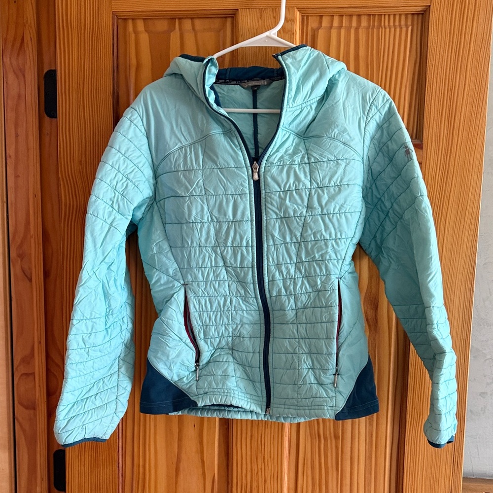 Smartwool Women's Light Blue Quilted Ski Jacket with Navy Accents